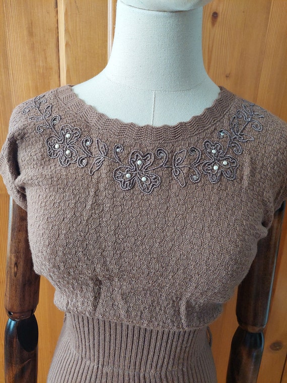 50s wool brown knit sweater dress set embroidery … - image 7