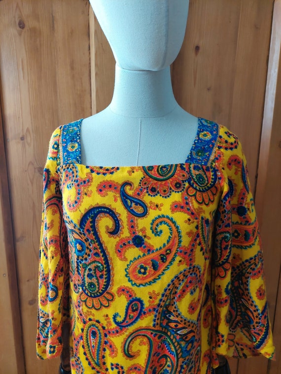 60s 70s micro mini yellow paisley print bell slee… - image 6