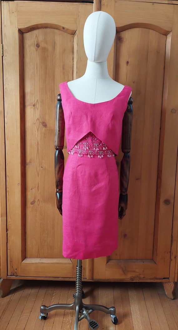 50s pink rhinestone linen wiggle dress size xs sma