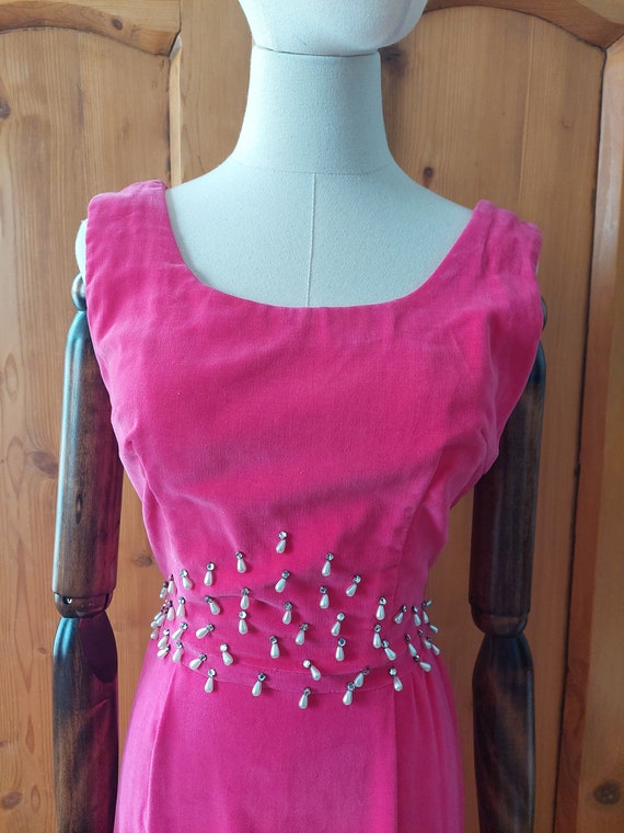 50s 60s pink velvet beaded baricore long dress - image 6