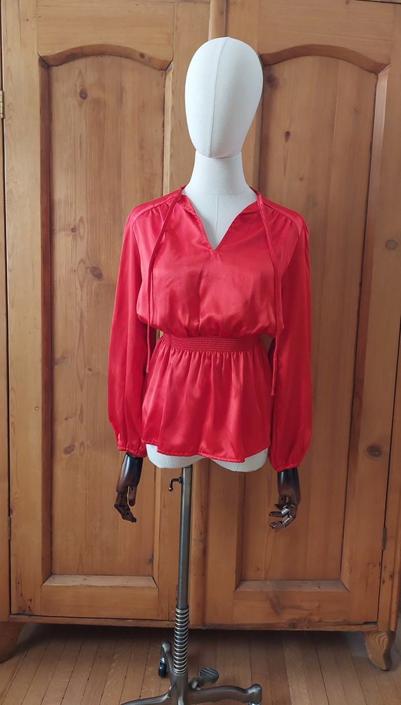 Vintage 70s red satin gathered waist blouse by by… - image 1