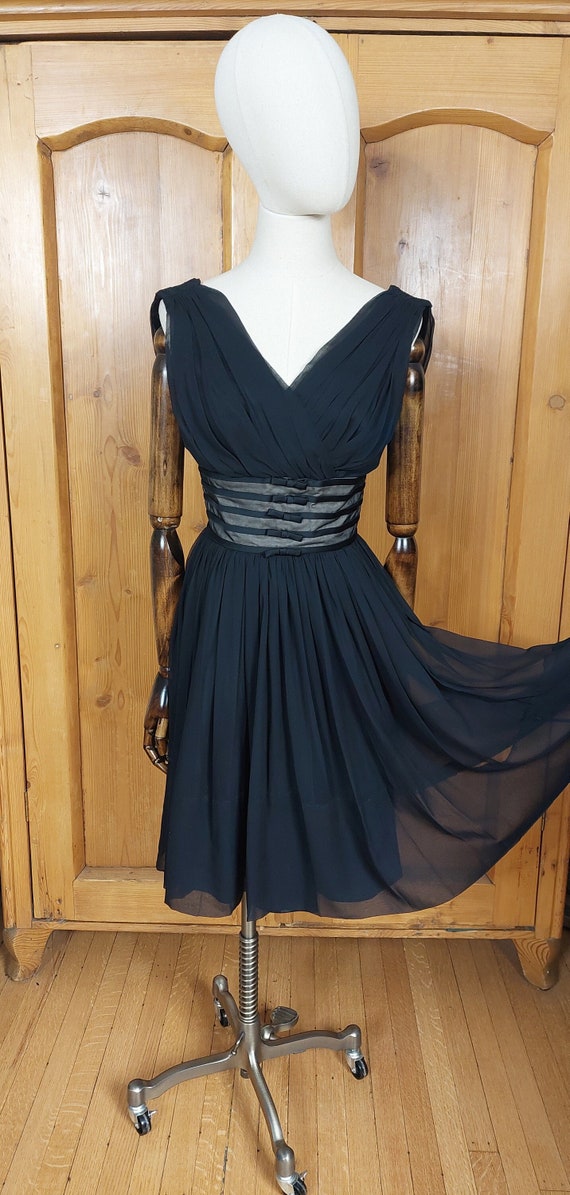 50s black illusion chiffon fit and flare dress