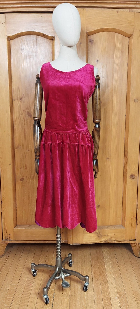 20s raspberry red silk velvet scallop hem dress