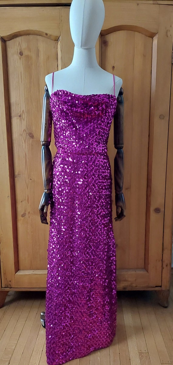 70s pink knit long sequin dress gown size med