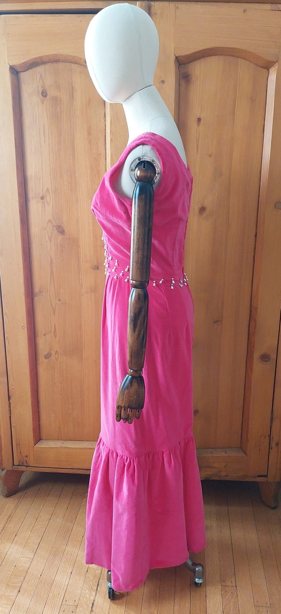 50s 60s pink velvet beaded baricore long dress - image 3