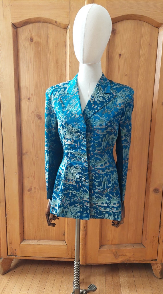 Vintage 50s 60s blue brocade garden cheongsam blaz