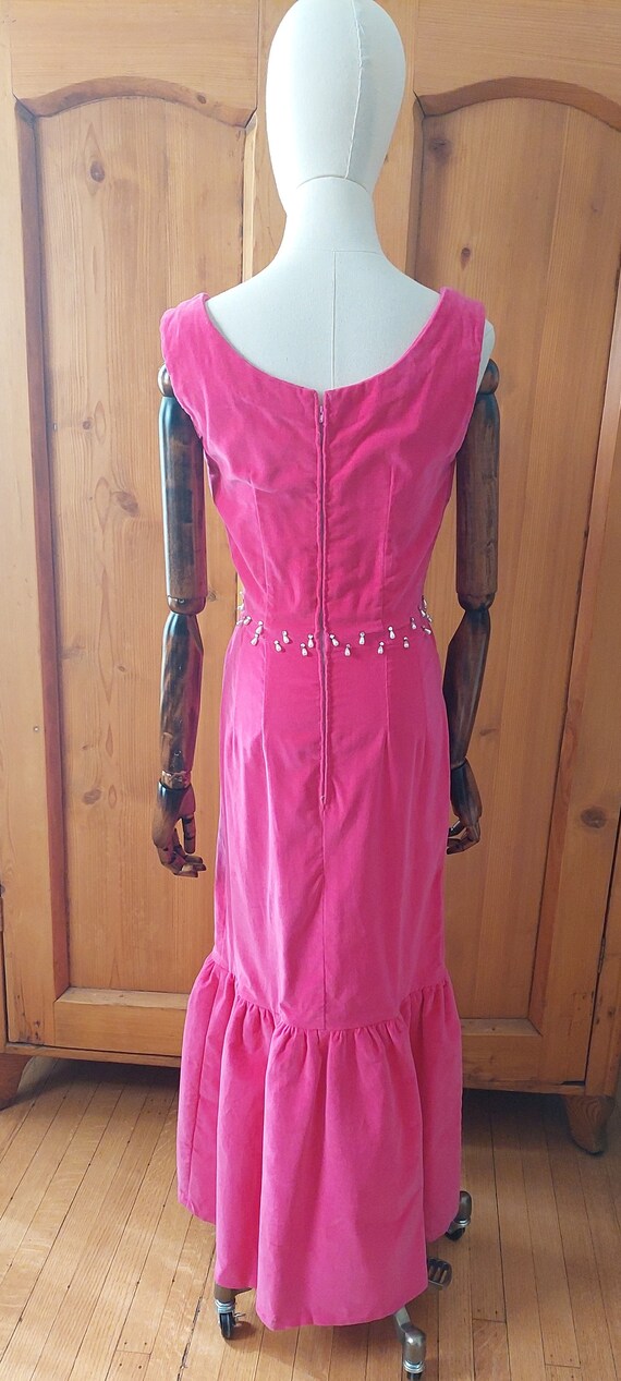 50s 60s pink velvet beaded baricore long dress - image 2