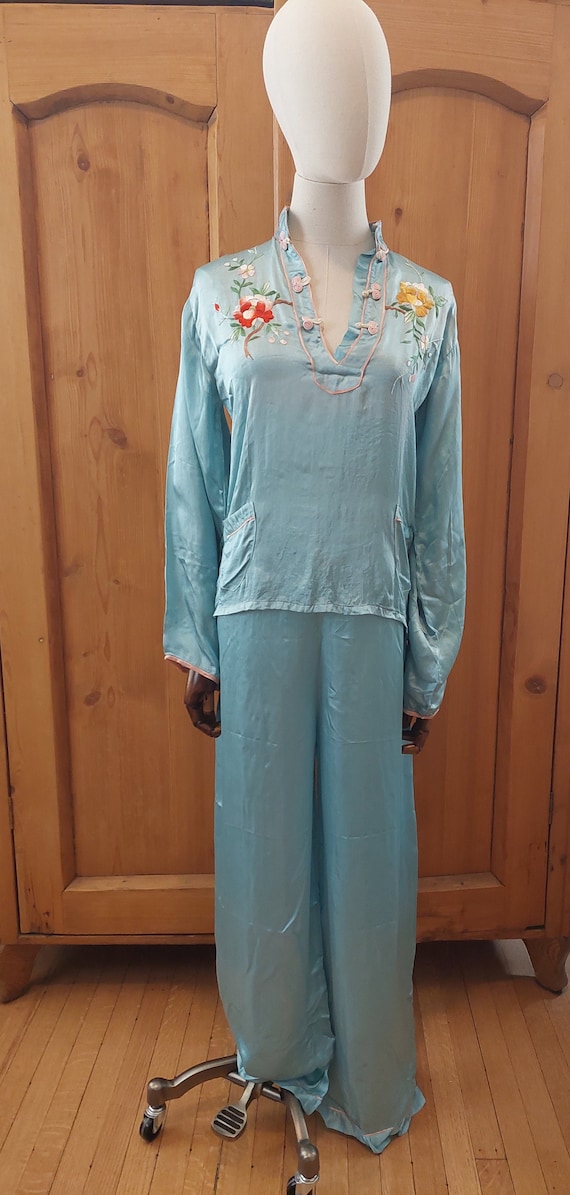 40s rare teal blue embroidered novelty pajamas