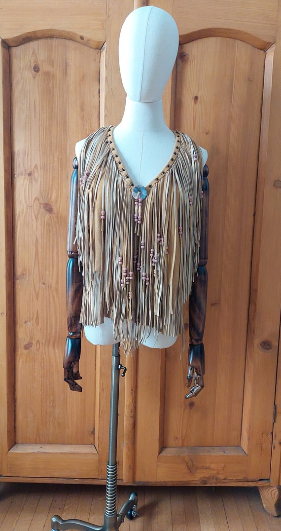 Vintage 70s suade fringe beaded painted boho top … - image 2