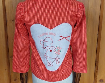 60s red I love you novelty blouse valentines mouse and apple