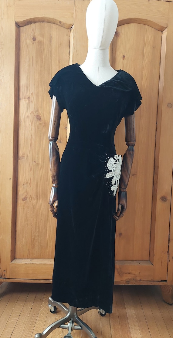 40s 50s velvet dress with lace rhinestone pocket … - image 1