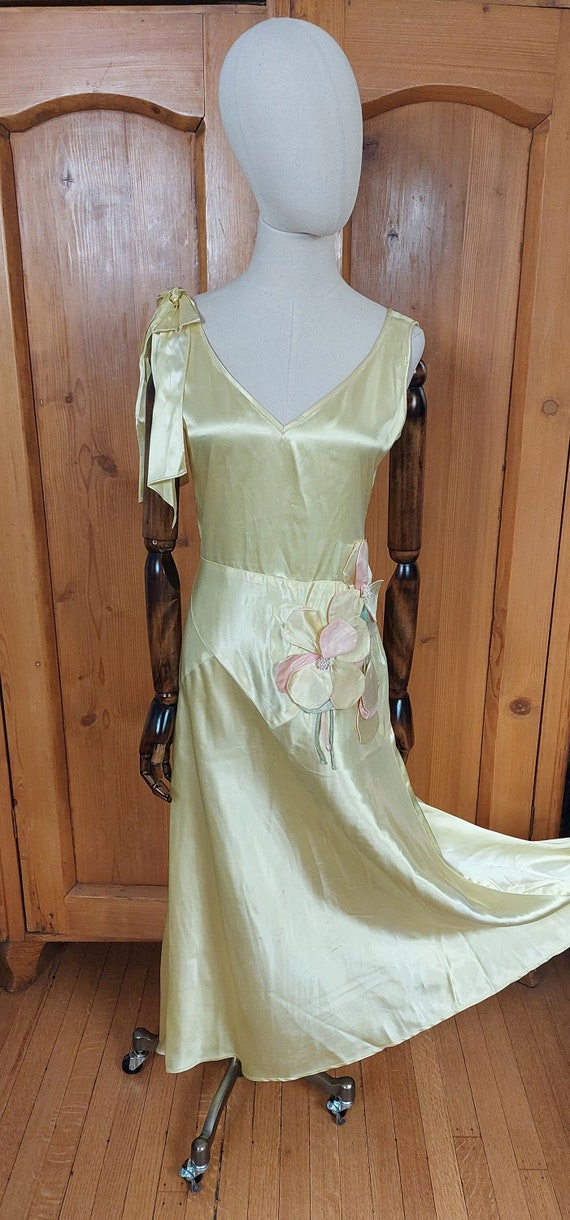 30s yellow satin bias cut long dress gown - image 1