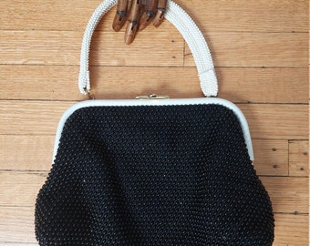 60s reversible black cream beaded mod purse