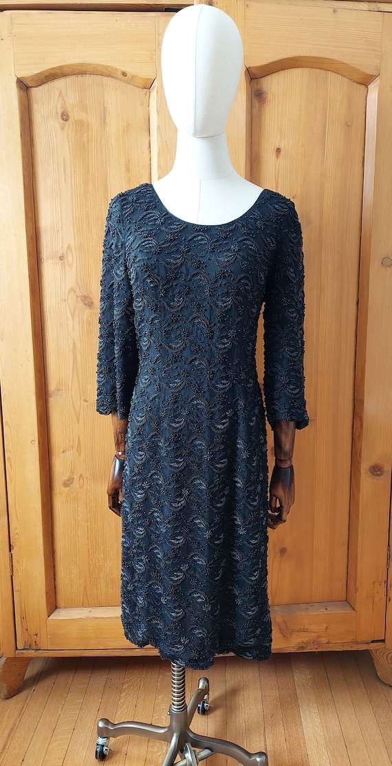 60s fully beaded black lace dress size large
