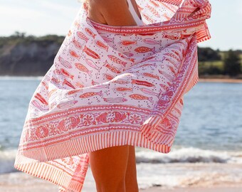 Boho Sarong Hand Block Print Sarong Beach Wrap Pareo Long Scarf, Large Sarong, Cover up Beach Sarong Pareo