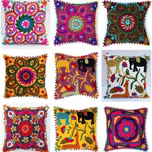 Indian Pom Poms Bohemian Suzani Ethnic Cushion Covers Embroidered 40 x 40 cms