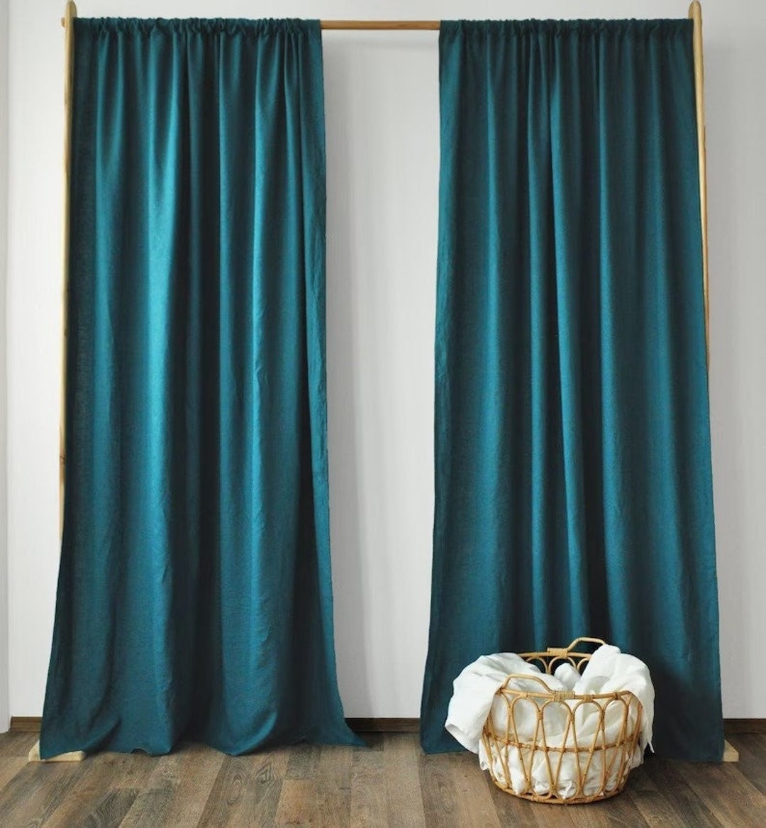 Teal Blue Curtains Washed Cotton Curtains 2 Panels Curtains Etsy