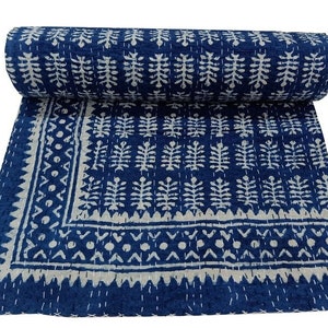 Kantha Indigo Blue Quilt Indian Kantha Bedspread Bedding Bedcover Throw Twin Bed Handmade Kantha Quilt Queen Size Bedding Throw Blankets