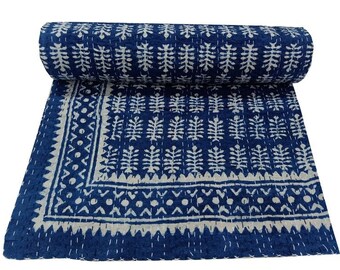 Courtepointe bleu indigo Kantha Couvre-lit indien Kantha Couvre-lit Jeté de lit simple Couette Kantha faite main Literie queen size Couvertures