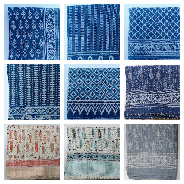 Indian Kantha Quilt King Size Kantha Quilt 100% Cotton Bedspread Blanket Throw Indigo Blue Floral Pattern Kantha bedspread All Sizes