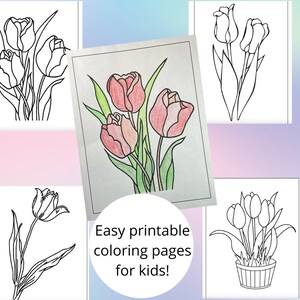 Beautiful spring tulips coloring activity for kids 5-10 y/o (20 pages)