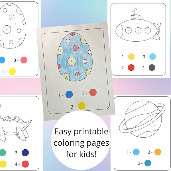 10 pages of color by number activities for kids 2-6 y/o (uncommon items: dinosaur, submarine, planets, etc. )