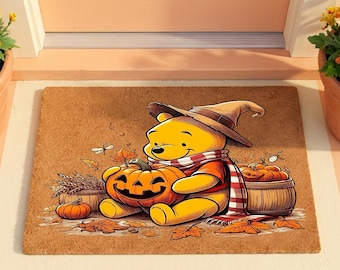Winnie The Pooh Halloween Doormat, Pumpkin Witch Welcome Mat, Cute Fall Porch Decor, Spooky Autumn Entrance Rug, Disney Halloween Gift Rug