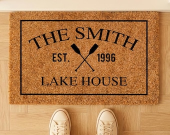 Personalized Lake House Doormat, Custom Family Name Welcome Mat, Lake Life Front Door Rug, Rustic Cabin Decor, Housewarming Gift, Doormat