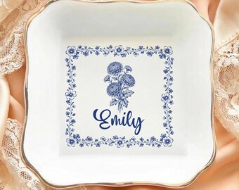 Personalized Birth Month Flower Ring Dish, Custom Name Jewelry Dish, Vintage Blue Floral Trinket Tray, Botanical Keepsake Gift Plate Dish