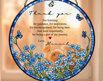 Personalized Thank You Suncatcher Gift For Mentor, Floral Window Hanging Keepsake, Appreciation Ornament, Custom Name Plaque Decor Gift