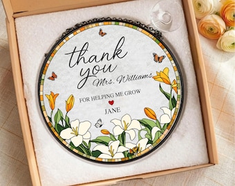Teacher Appreciation Gift For Helping Me Grow, Personalized Floral Suncatcher, Thank You Teacher Gift, Mentor Gift, End Of Year Present