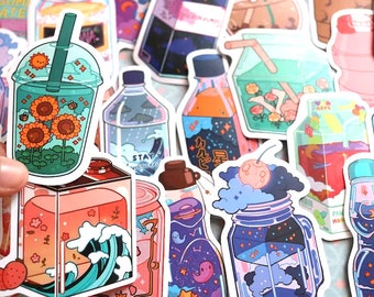 50 Water Bottle Sticker Pack - Aesthetic Art Stickers for Planners, Junk Journaling, Starry Night Stickers, Bullet Journal Supplies
