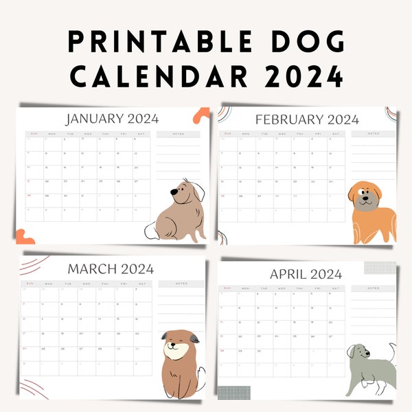 2024 Printable Dog Calendar Landscape | Minimalist Monthly Calendar 2024 Printable | Dog Lover Gift Idea | A4 Sunday Start