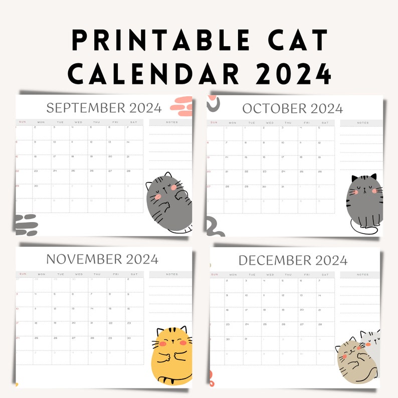 2024 Printable Cat Calendar Landscape Minimalist Monthly Calendar 2024