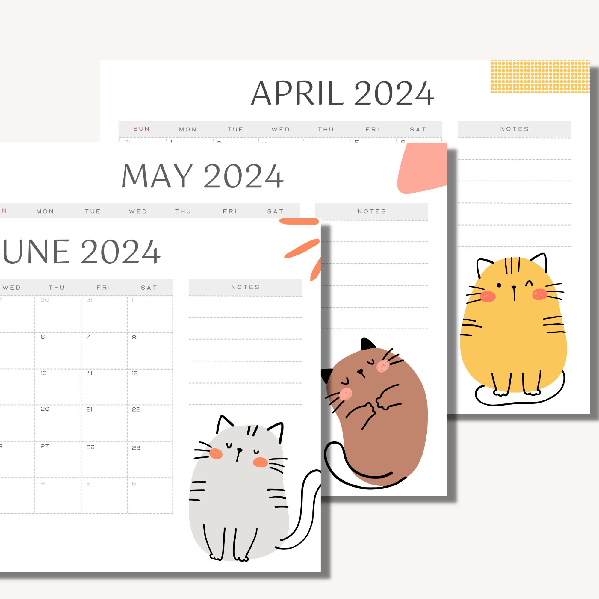 2024 Printable Cat Calendar Landscape Minimalist Monthly Calendar 2024 Printable Cat Lover Gift