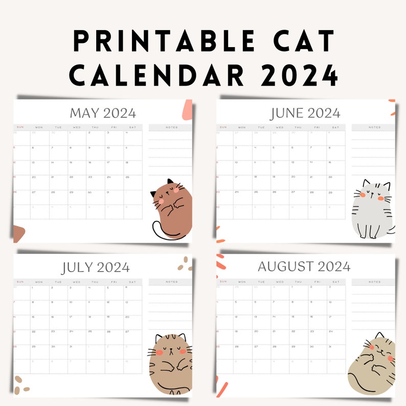 2024 Printable Cat Calendar Landscape Minimalist Monthly Calendar 2024