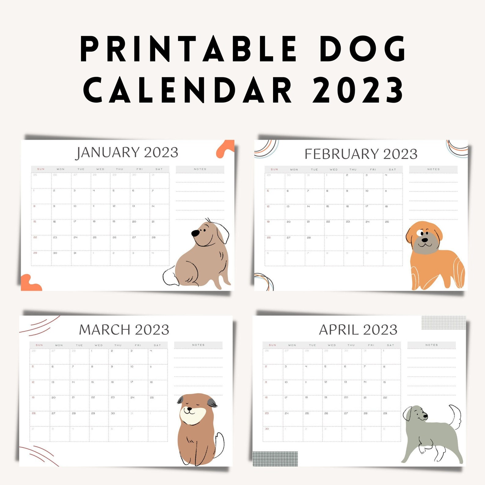 2023 Printable Dog Calendar Landscape Minimalist Monthly Etsy