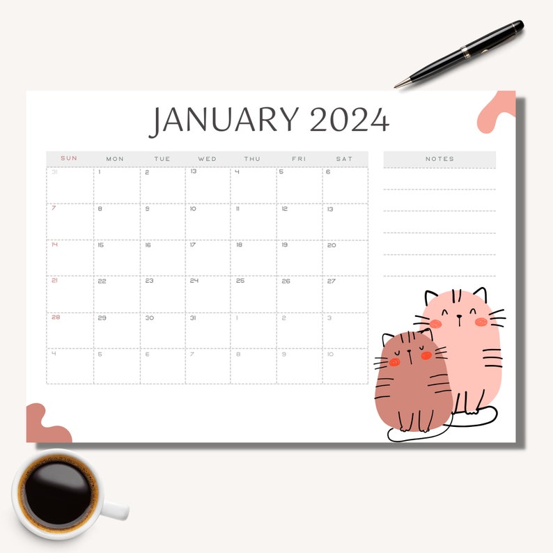 2024 Printable Cat Calendar Landscape Minimalist Monthly Calendar 2024