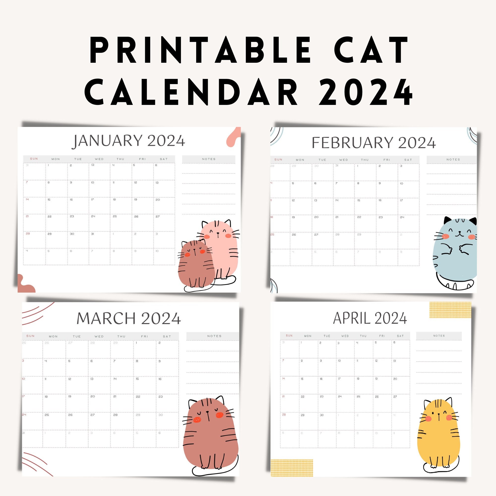 2024 Printable Cat Calendar Landscape Minimalist Monthly Calendar 2024 Printable Cat Lover Gift Idea A4 Sunday Start - Etsy