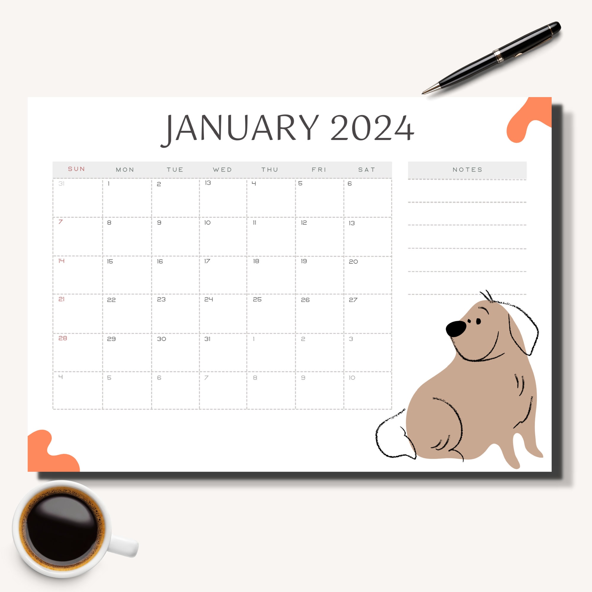 2024 Printable Dog Calendar Landscape Minimalist Monthly Calendar 2024