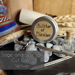 Solid perfume in a jar or Balm Stick "Butcher of Blaviken" (Sage and Sea Salt, Cut Grass, Vetiver)