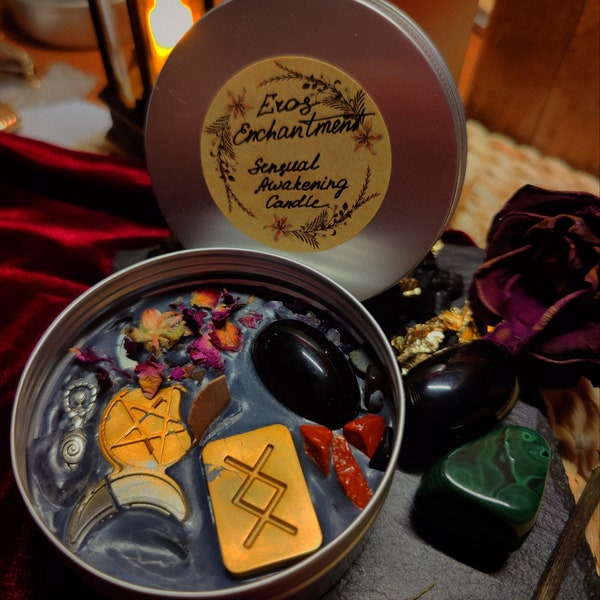 Candle Jar "Eros Enchantment" for sensual awakening. Minerals, Runes, Herbs