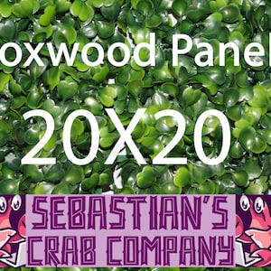 May include: A green boxwood panel with a dense arrangement of small, rounded leaves. The panel measures 20 x 20 inches. The text "Boxwood Panel" and "20X20" are displayed in white. The bottom of the image features a logo.