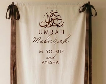 Umrah Mubarak Arabic Calligraphy - Iron on Vinyl Sticker Decal - Elegant design with Custom names