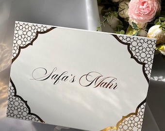 Mahr Box Personalised with Names & Date - White + Gold Nikkah Keepsake - Islamic Wedding Gift