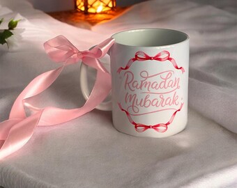 Ramadan Mubarak Mug : Pink Bow Design with Iftar Dua – Islamic Ramadan Gift for Muslim women