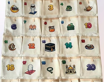 Ramadan Countdown Calendar for Muslim Kids : Personalisable, 30 Big Fillable Pockets, Eid Tradition, Reusable, Handmade