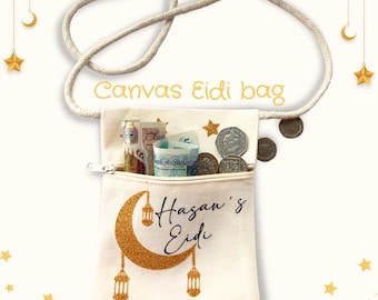 Kids Custom Eidi Bag – Gold Crescent Moon & Canvas Crossbody Bag with Zip