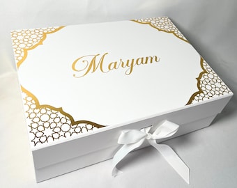Personalised White Magnetic Gift Box with Ribbon : Eid, Ramadan, Umrah & Nikkah Mubarak - Oriental Design