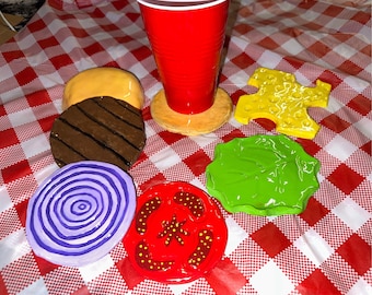 Burger Coaster 7pc Set | Handmade Clay Fun Abstract Coaster | Krabby Patty Coaster | Foodie Clay Gifts for Friends Couples